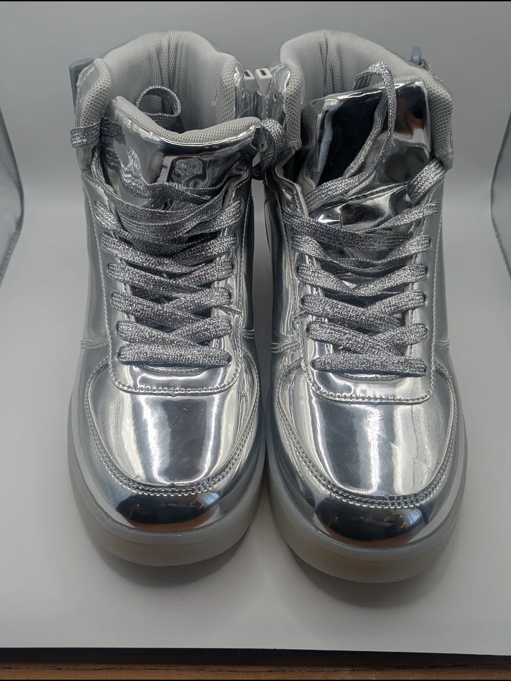 Silver Metallic LED Light Up High Top Sneakers Women’s 8 EU 38 Rechargeable Shoe